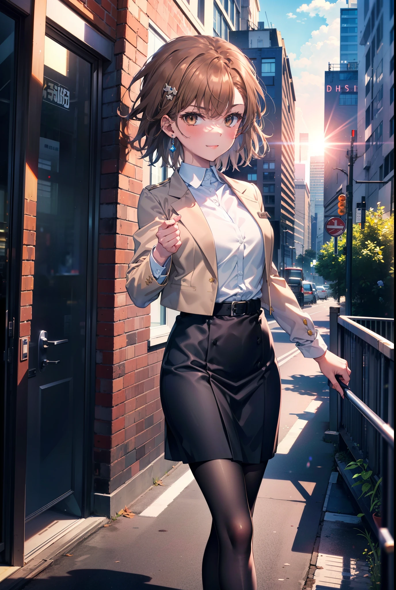 8k,highest quality,masterpiece,(((Pixel Perfect, Perfect in every detail))), 一peopleで, 1people, ,Mycotrose, Brown eyes,Brown Hair,short hair,blush,happy smile, smile, Open your mouth,OL, Black suit jacket, Collared jacket, White dress shirt, Collared shirt, Neckline, button, Black pencil skirt, Black pantyhose,Stiletto heels,sunset,evening,The sun goes down,walking,whole bodyがイラストに入るように,
break outdoors, Building district,crowd, people々々々々,
break looking at viewer, whole body, 
break (masterpiece:1.2), highest quality, High resolution, unity 8k wallpaper, (shape:0.8), (Beautiful details:1.6), Highly detailed face, Perfect lighting, Extremely detailed CG, (Perfect hands, Perfect Anatomy),