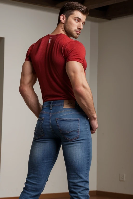 muscular man, stubble, scruffy, broad shoulders, face detailed, wearing red commandforce, full body, muscular body, big butt, jeans backside