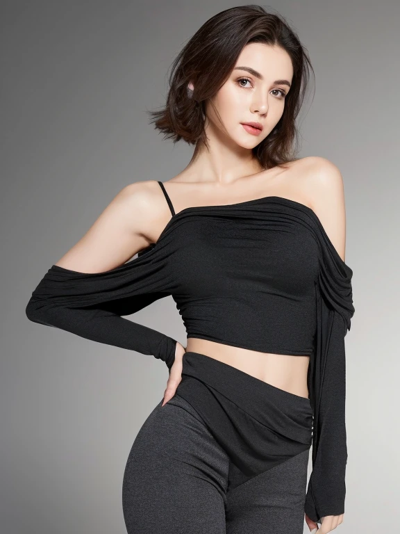 Skin Tight Top:1.2、look at the audience、perfection、High resolution skin:1.2、realistic skin texture、30 year old mature ultra hot woman、waist up pose , upper knees pose , sensual seductive face、no makeup、off shoulder、Bust B Cup、half-opened sexy Minimalist see through transparant clothes , Detailed skin texture 、、short hair、dark brown hair、seductive sexy pose、gray background、