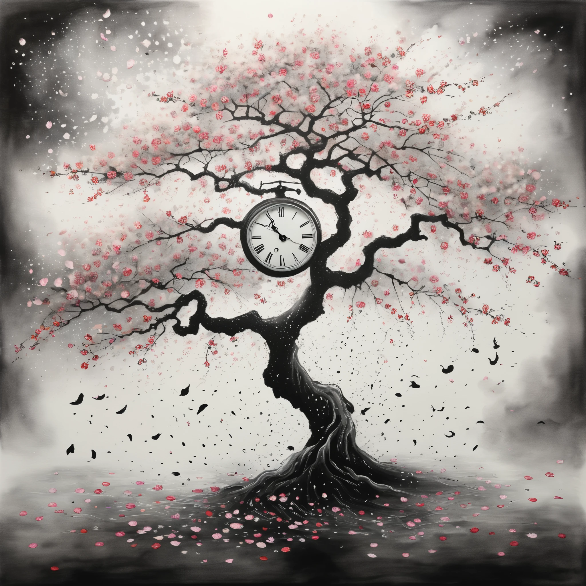 A delicate, Japanese-inspired ink painting of a cherry blossom tree shedding its petals, with faint clock faces visible within the falling petals. The artwork captures the fleeting nature of beauty and the passage of time.