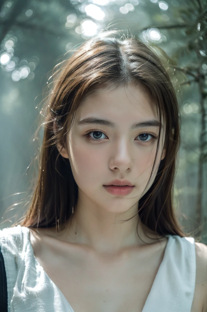 ( masterpiece, top quality, best quality,8k,17 years old girl,ultra detailed,raw photo:1.5),(photorealistic:1.4),(cinematic lighting), PerfectNwsjMajic, , Surrealism, UHD, ccurate, Super detail, textured skin, High detail, Best quality, dynamic angle, (high nose,White skin),[Beautiful blue eyes],[flat chest:large breasts:0.5],(1girl),(good anatomy:0.5)), shiny skin,detailed skin,detailed face,detailed eyes, beautiful japanese girl, in the deep forest, (fog:1.2), raining, puddle, mist, water, pour down, many trees, upper body