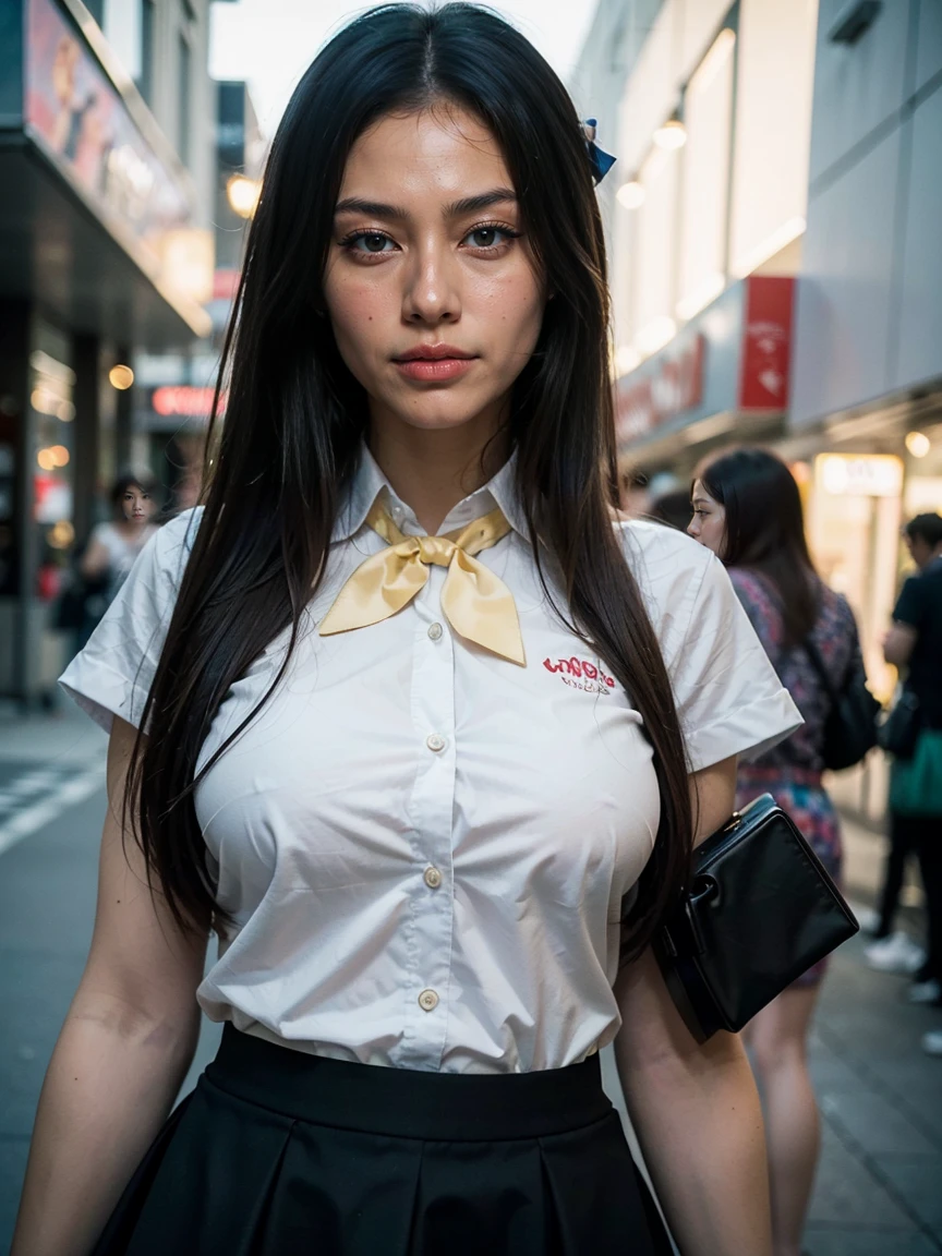 (1 lady), (Best quality at best:1.4), (ultra - detailed), (extremely detailed CG unified 16k), A Beautiful Woman with Perfect Figure: 1.4, Sharp Focus: 1.2, very detailed, High-definition RAW color photo, professional photoshooting, amazing face and eyes, cosmetics, (amazingly beautiful girl), ((Sonozaki Shion)), ((yellow ribbon, white shirt, blue necktie, blue skirt, black kneehighs)), standing, sexyposture,(Stylish urban landscape, day light), (look from down), realistic cinematic face, head to feet long wide zoomed out view, full body long view, photorealistic, ((realistic natural green hair style, green eyes, long hair)), gorgeous, extremely beautiful face, perfect model beauty, pout mouth, (camera looking from down), Highly Detailed Face and Skin Texture, Detailed Eyes, Double Eyelids, Big Breasts, Smile, cleavages, western, (masterpiece), best quality, high resolution, extremely detailed, detailed background, depth of field, cinematic lighting, amazing legs, clear and well-cared skin, (((woman occupies most of the picture)))