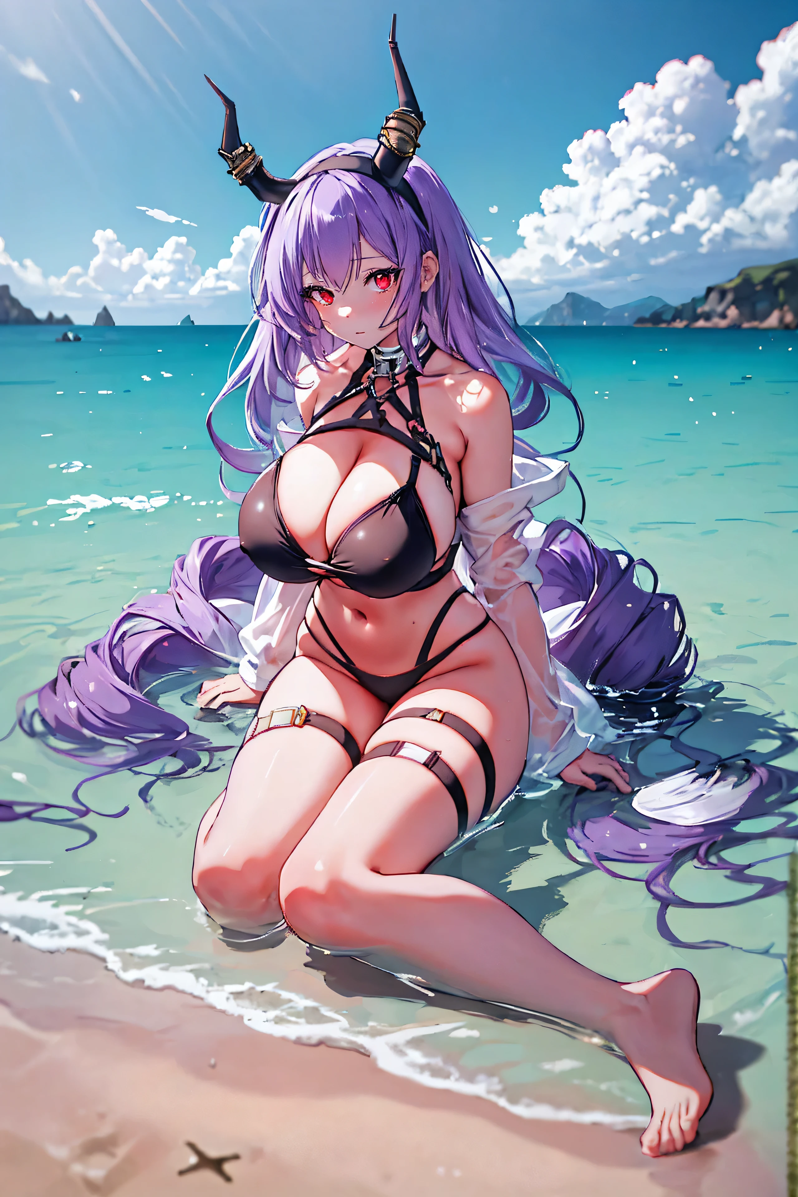 typhon| arknights, Masterpiece, best quality, 1 girl,25 years old , Huge, enormous breasts, very long hair, hairband, purple hair, red eyes, proportion body, proportion, show your , Water set, This micro bikini,micro mini bikini, Lying on the beach with alluring challenges, unctuous. ,only, beautiful sea, The sky is beautiful, Looking at the audience from the front, thigh strap, tilt your head, bored, 10, 10, high resolution, expressionless,