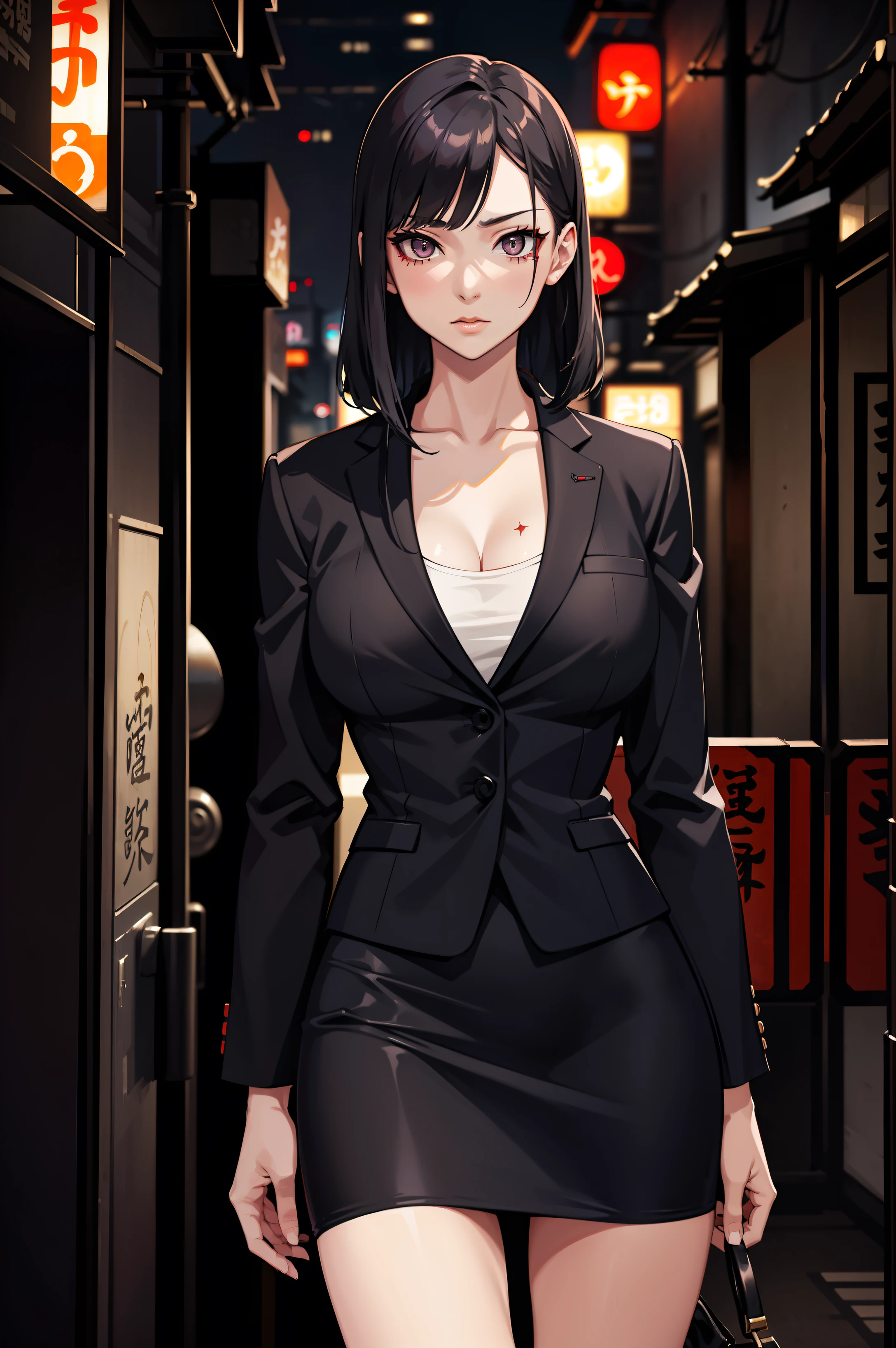 japanese yakuza mobster girl with a dark gray suit, miniskirt, pencil skirt, facial scar, stylish, hdr, intricate details, hyperdetailed, cinematic, rim light, danger atmosphere, noir, night, cyberpunk lighting, tokyo street,