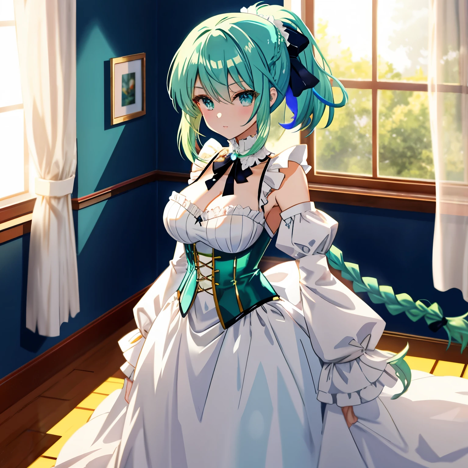Resolution: 8K digital art, anime art wallpaper 8K
Quality: Ultra quality, ultra detailed art
Image Quality: Ultra fine, ultra fine beauty, ultra fine illustration, ultra fine animation, ultra fine short full body portrait, Pixiv digital art
BREAK
Style: White anime barbie, biomechanical, anime moe art style, dress, desktop background, biomechanical bust, "Fate/Stay Night", "Fate/Grand Order"
Hair Style and Color: Main hairstyle is long hair, hair color is golden. Remaining hairstyles (ponytail, twin tail, bob cut, long braid) and colors (blue, green) are combined to create original hairstyles. Long, bright colored hair with a ribbon on top
BREAK
Color: Add green, blue, gold as important elements of the theme. Add light blue, yellow, silver, deep crimson as other colors
Body Type and Skin Color: Glossy, sensual, perfect female body, beautiful skin like marble, underarms, chest, collarbone, skin dimples, belly, thighs, corset, wet
Character: The character is wearing a black and white maid outfit with frills and a ribbon on the collar. The outfit appears to have puffed sleeves and seems to be made of a shiny, silky fabric. The character does not hold any visible items or weapons. 
BREAK
Background: The background is an indoor setting, with warm sunlight filtering through transparent curtains. This creates soft shadows in the room. The colors of the background are soft and warm, mainly white and yellow, creating an overall calm atmosphere.
Composition and Light: The composition of the image focuses on the upper body of the character, placing the character slightly off-center to create visual interest. The lighting is during the day, with light coming in from behind the window, highlighting one side of the character's face and casting subtle shadows on the other.

