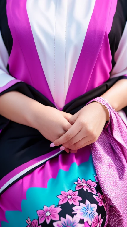 an Indonesian goddess in a fuchsia colour hijab and a black gamis with abstract printed of pink and purple flowers, chubby, butterflies, detailed detail, ultra sharp image,