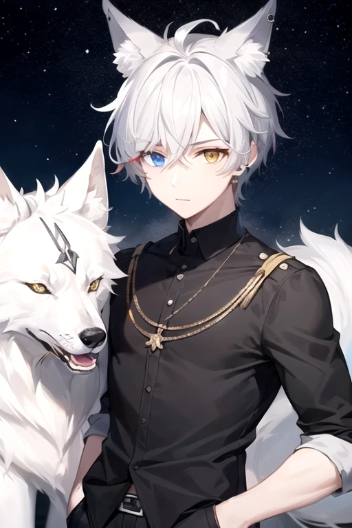 ((highest quality)), ((masterpiece)), (detailed), Perfect Face, One boy, Handsome man, 20〜30 years old, Vtuber model,2d character ((White wolf ears)),  Short Hair,Short cropped hair,Tuck hair behind ears, Shiny skin, Line art, Silver Hair,Idol Photo,((Heterochromia,Left eye glows yellow,Right eye glows red,Jewelry Eye,虹彩Heterochromia)),Fits within the screen,Take away,Landscape,Upper body only,Long sleeve shirt,Long trousers