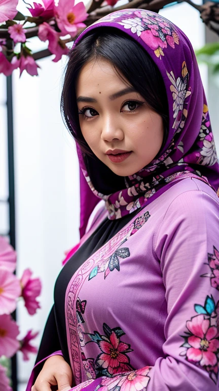 an Indonesian goddess in a fuchsia colour hijab and a black gamis with abstract printed of pink and purple flowers, chubby, butterflies, detailed detail, ultra sharp image,