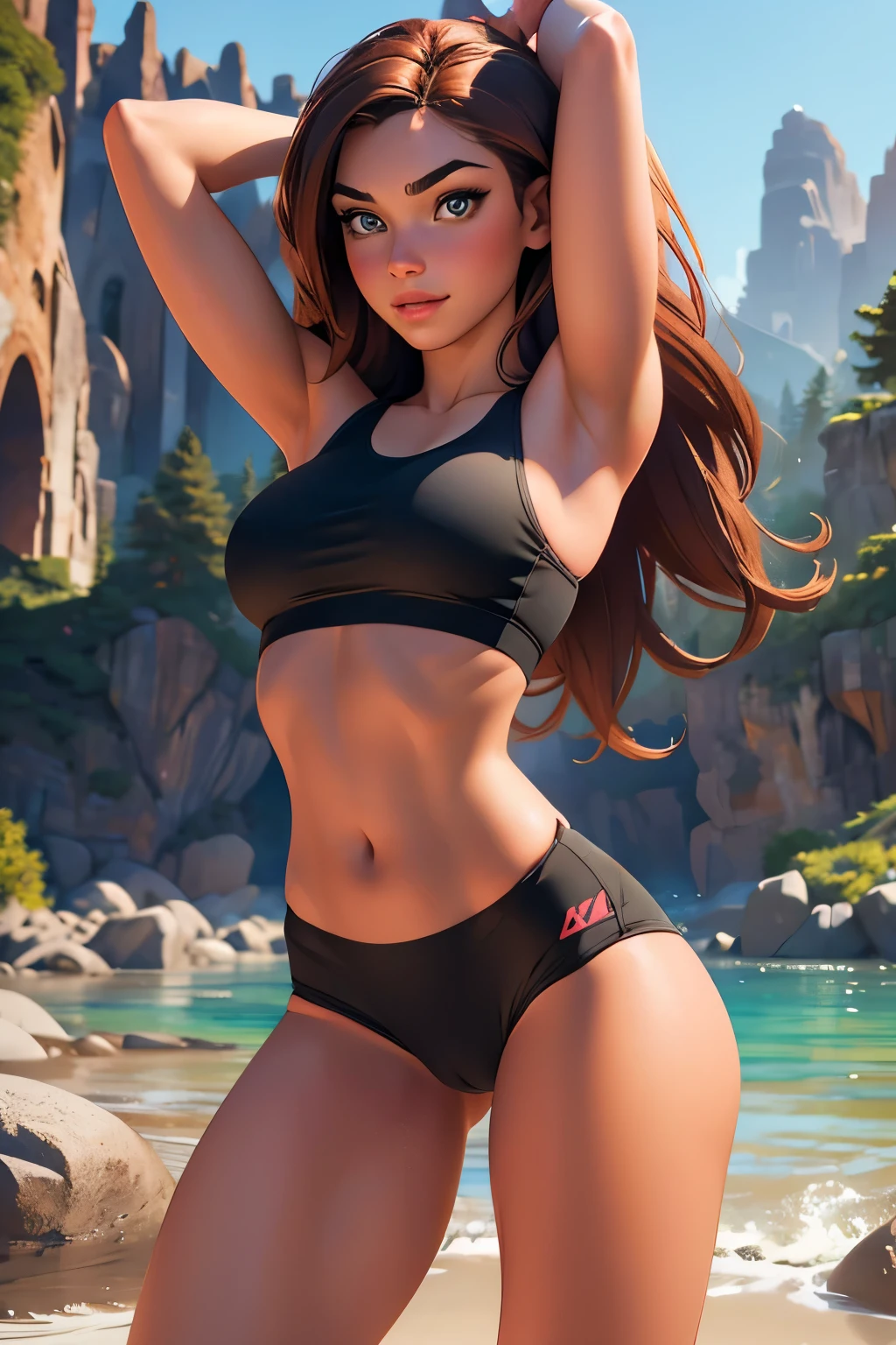 Masterpiece, raw, beautiful art, professional artist, 8k, very detailed face, very detailed hair, 1girl, Kim Possible, wearing tight yoga shorts and sports bra, no labels, no branding, cameltoe, exercising, stretching, yoga poses, in a tranquil mountain dojo, perfectly drawn body, beautiful face, long hair, very detailed eyes, smiling, rosey cheeks, intricate details in eyes, puckered lips, perfect fit body, beautiful body, extremely detailed, intricate details, highly detailed, sharp focus, detailed skin, realistic skin texture, texture, detailed eyes, high resolution, kodak vision color, foto_\(ultra\), post-processing, maximum detail, roughness, real life, ultra realistic, photorealism, photography, absurdres, RAW photo, highest quality, high detail RAW color photo, professional photo, extremely detailed UHD 8k wallpaper unit, best quality, highres, (masterpiece, top quality, high resolution:1.4), photo, cinematic, film grain, sharp, soft natural light, magic photography, super detailed