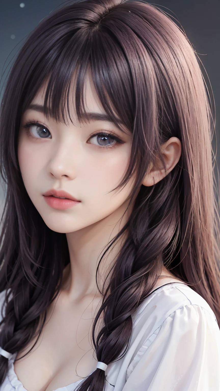 background（Black Night Sky，Big Moon），Close-up of a woman，Wearing a white shirt、Purple Hair，Very long hair，very thick braids，Purple eyes，big ， realistic girl rendering, 8k artistic german bokeh, Enchanting girl, Real Girl, Gurwitz, Gurwitz-style artwork, Girl Roleplay, Realistic 3D style, cgstation Popular Topics,, 8K Portrait Rendering,（truth，truth：1.4），Wear pink pajamas，巨big ，Sparkling eyes，Purple eyes