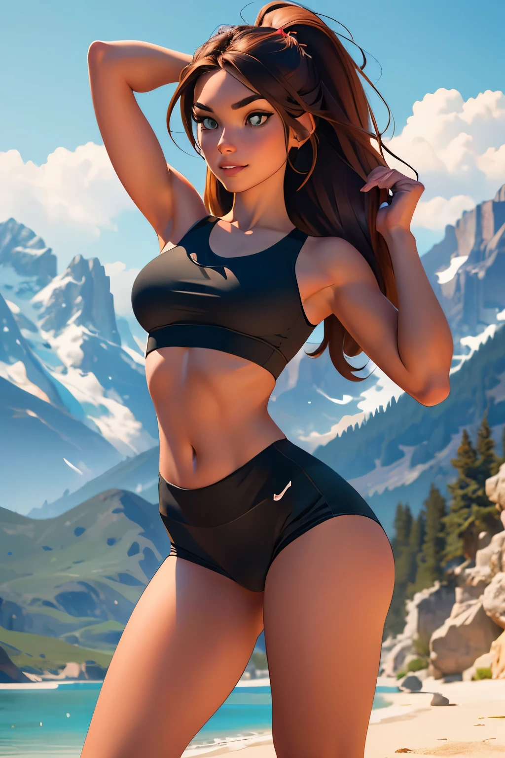 Masterpiece, raw, beautiful art, professional artist, 8k, very detailed face, very detailed hair, 1girl, Kim Possible, wearing tight yoga shorts and sports bra, no labels, no branding, cameltoe, exercising, stretching, yoga poses, in a tranquil mountain dojo, perfectly drawn body, beautiful face, long hair, very detailed eyes, smiling, rosey cheeks, intricate details in eyes, puckered lips, perfect fit body, beautiful body, extremely detailed, intricate details, highly detailed, sharp focus, detailed skin, realistic skin texture, texture, detailed eyes, high resolution, kodak vision color, foto_\(ultra\), post-processing, maximum detail, roughness, real life, ultra realistic, photorealism, photography, absurdres, RAW photo, highest quality, high detail RAW color photo, professional photo, extremely detailed UHD 8k wallpaper unit, best quality, highres, (masterpiece, top quality, high resolution:1.4), photo, cinematic, film grain, sharp, soft natural light, magic photography, super detailed