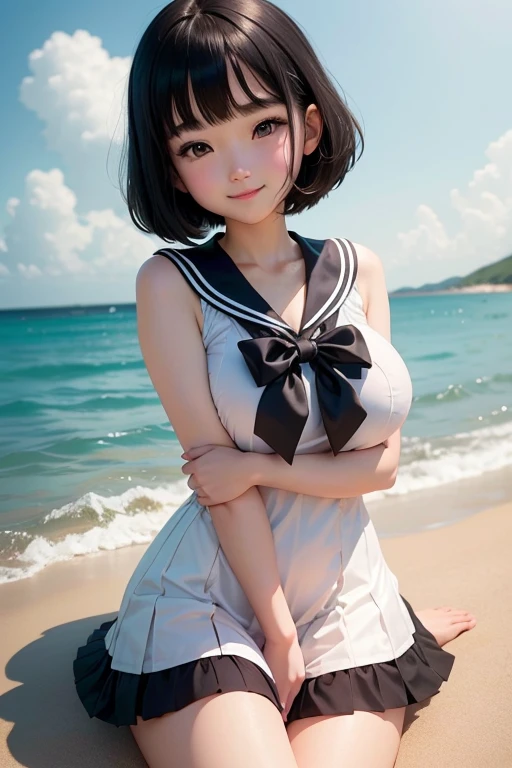  junior high school girl、Beautiful white and shining skin、Princess、Bobcut、Black Hair、masterpiece、highest quality、High resolution、（Big Breasts）、(Sleeveless sailor suit)、Lying on the beach、Raise your hands、smile