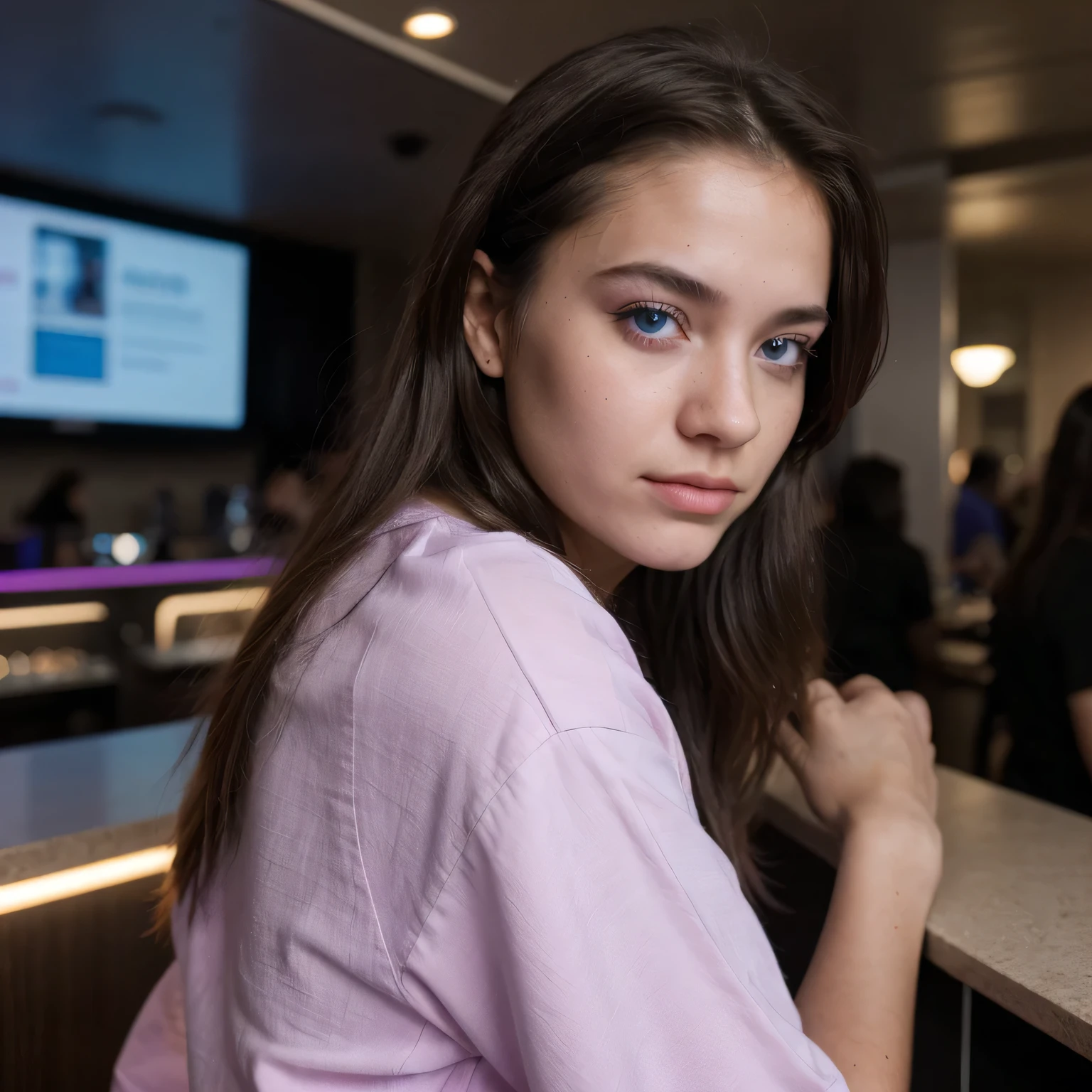 photo of a college student，16 years old, in Purple Pink, futuristic cotton and linen, (freckles:0.8) cute face, sci-fi, dystopian, detailed eyes, cobalt blue eyes（（Side view））Disco bar