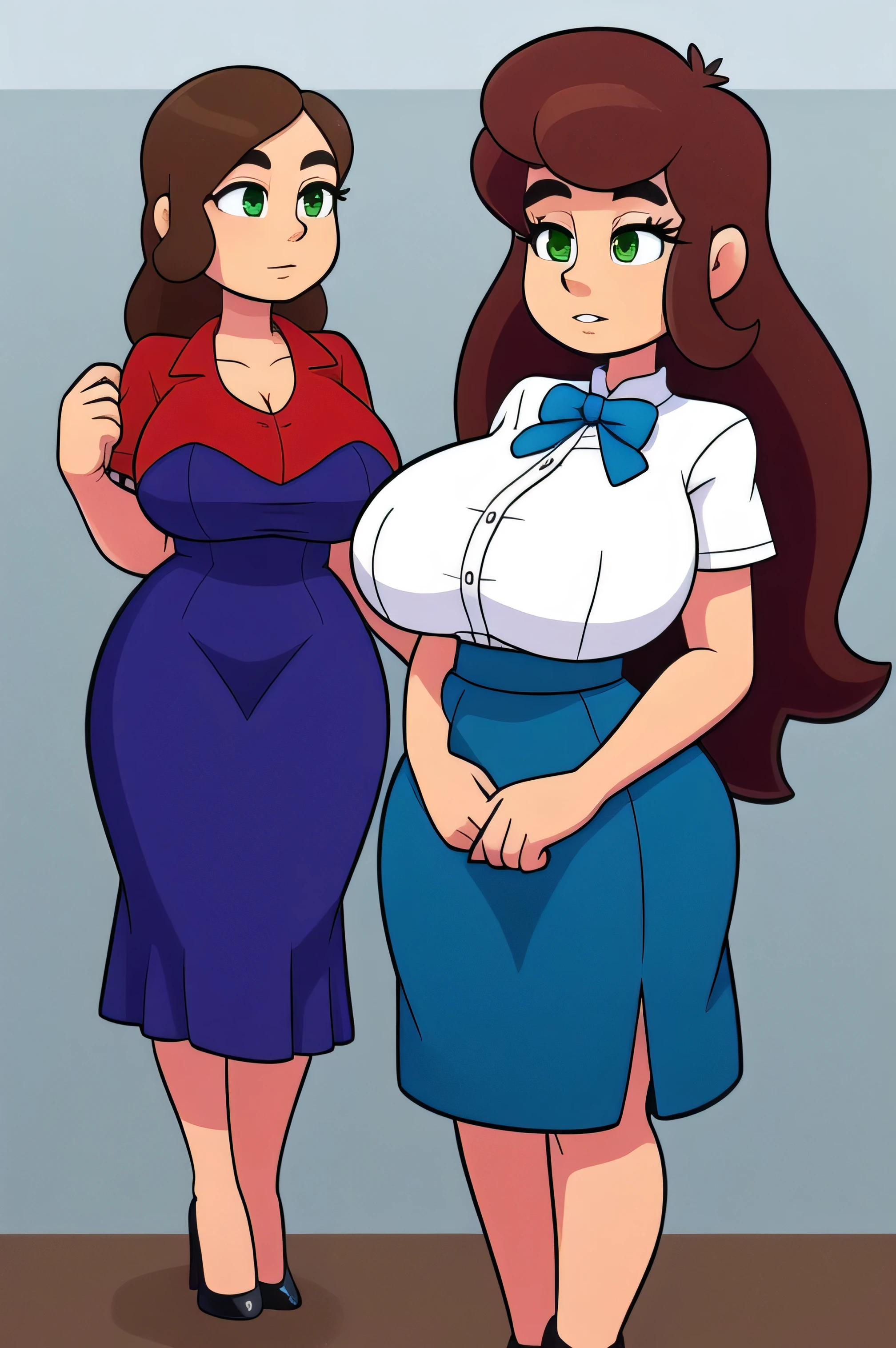 A tall beautiful woman with big breasts, brown hair, tight green eyes, wears a blue Spanish shirt and a long blue skirt with black heels.