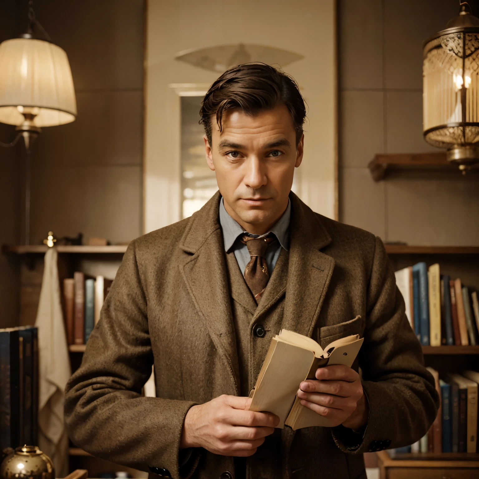 A vintage man wearing coat and flipping the book pages, the picture taken in vintage time and the book is highlighted and zoomed in the frame