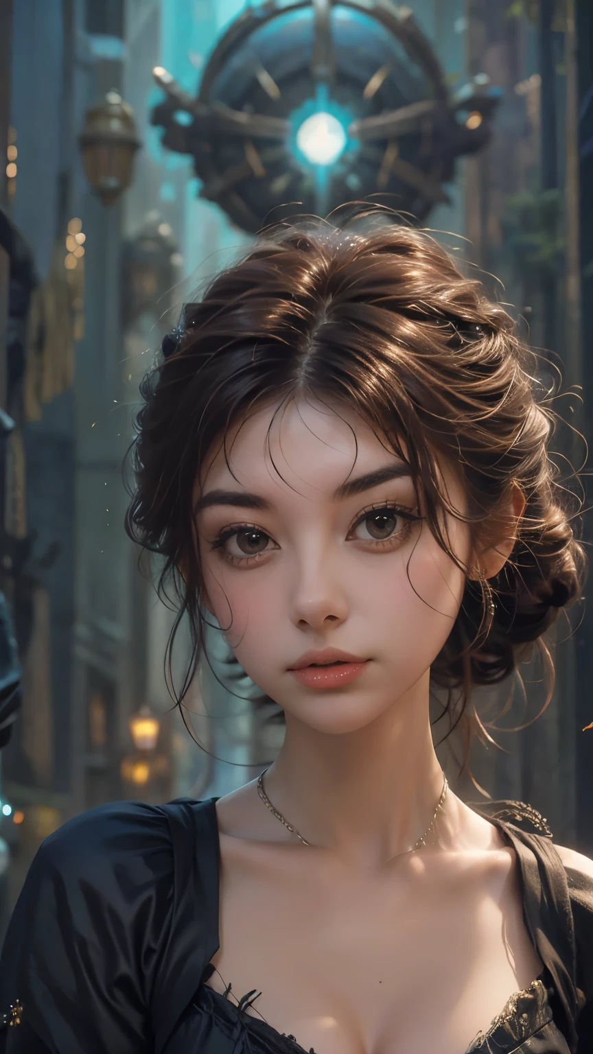 photo, portrait, intimidating Woman floating [a discovery of a wormhole leads to new worlds|a cursed prince must marry a monster], [scifi:fantasy:0.6] cinematic Lighting