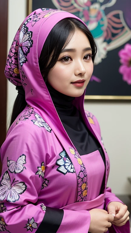 an Indonesian goddess in a fuchsia colour hijab and a black gamis with abstract printed of pink and purple flowers, chubby, butterflies, detailed detail, ultra sharp image, 