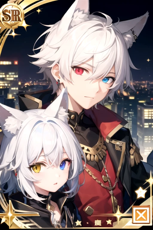 ((highest quality)), ((masterpiece)), (detailed), Perfect Face, One boy, Handsome man, 20〜30 years old, Vtuber model,2d character ((White wolf ears)),  Short Hair, Shiny skin, Line art, Silver Hair,Idol Photo,((Heterochromia,Left eye glows yellow,Right eye glows red,Right eye glows red,Jewelry Eye,虹彩Heterochromia))Landscape,Upper body only,City Background