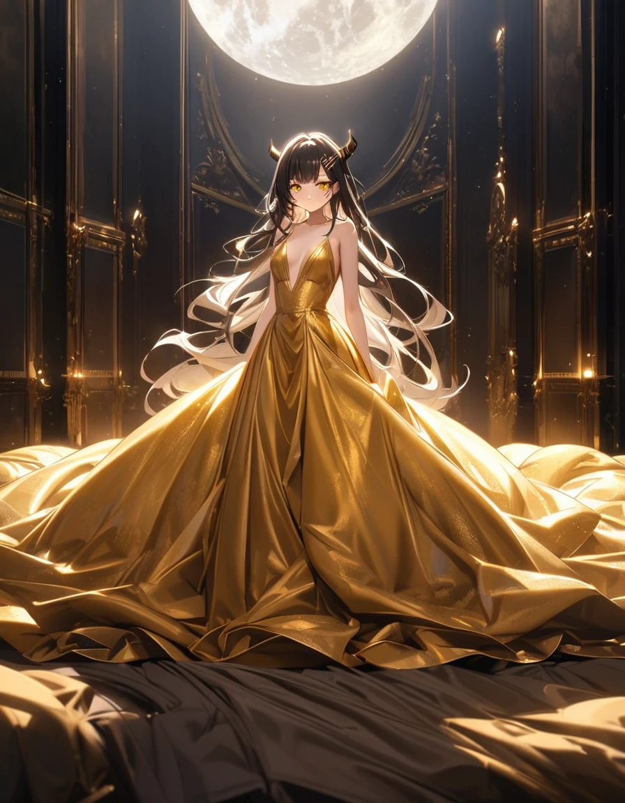 Gold silk gown, long white, flowing hair, yellow eyes, black rhombus horn-like hairpins, surroundings dominated by an oversized golden silk textured soft bed, moonlight, ,