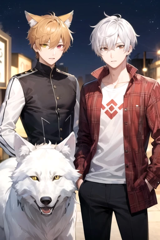 ((highest quality)), ((masterpiece)), (detailed), Perfect Face, One boy, Handsome man, 20〜30 years old, Vtuber model,2d character ((White wolf ears)),  Short Hair,Short cropped hair,Tuck hair behind ears, Shiny skin, Line art, Silver Hair,Idol Photo,((Heterochromia,Left eye glows yellow,Right eye glows red,Right eye glows red,Jewelry Eye,虹彩Heterochromia)),Fits within the screen,Take away,Landscape,Full Body Shot,Long sleeve shirt,Long trousers,Jacket