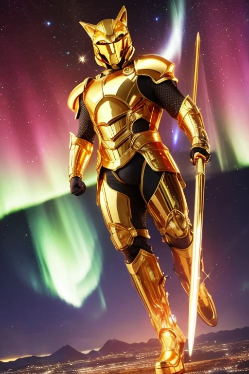 A man wearing full-body golden armor and a golden cyber helmet in the shape of a wolf is holding a sword in the night sky of a city lit up by the aurora.