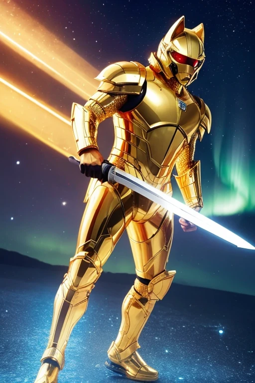 A man wearing full-body golden armor and a golden cyber helmet in the shape of a wolf is holding a sword in the night sky of a city lit up by the aurora.