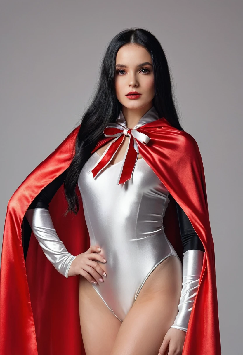 (RAW photo, best quality, masterpiece, ultra-detailed, high res), (realistic),(extremely delicate and beautiful:1), mesmerizing picture of beautiful girl with long black hair , wearing a long silver and red lined satin cape tied at the neck with a ribbon , silver leotard , highly detailed, extremely high-resolution details, photographic, realism pushed to extreme, fine texture, 4k, ultra-detailed, high quality, high contrast