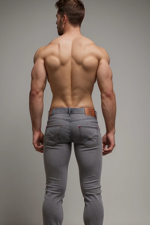 muscular man, stubble, scruffy, broad shoulders, face detailed,  wearing red commandforce, full body, muscular body, big butt, gray jeans backside 