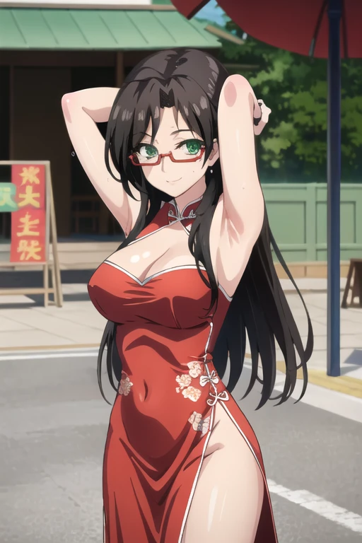 ((best quality)),((highly detailed)),masterpiece,absurdres,detailed face,beautiful face,(detailed eyes, deep eyes),1girl,((dynamic pose)), chisato hasegawa, black hair, long hair, solo, green eyes, bow, large breasts, cowboy shot, chinese town, outdoors, seductive smile, looking at viewer, wearing red chinese dress, put your hands behind your head, armpits, armpits visible, sweaty armpits, cleavage visible, wearing glasses