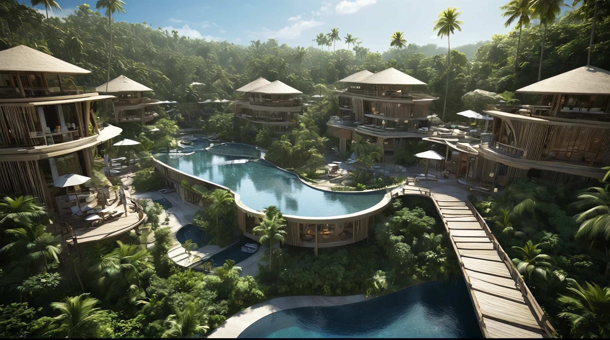 there is a 3 storey holiday resort on a small island in the middle of the ocean, Capella Ubud hotel in Bali, set amidst the rainforest and features tented accommodations and lavish outdoor bathrooms, resort, 3 storey, tropical design, amazing view, by Kurt Roesch, by Ahmed Karahisari, true realistic image, by Robert Koehler, mantra rendering, gulf, aruba, artist's impression, atlantis city, realistic depiction, a wide full shot, conceptual, screengrab, detailed screenshot,