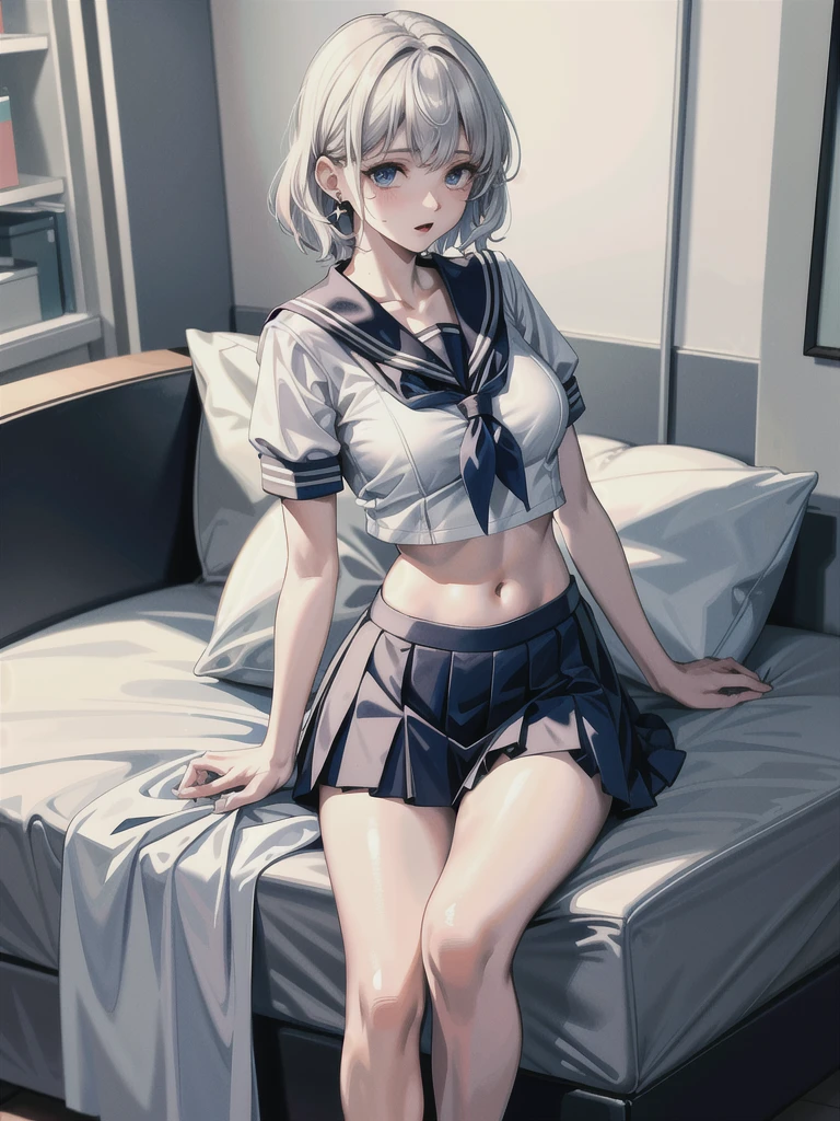 sailor school_uniform, absurdres, RAW photo, extremely delicate and beautiful, masterpiece, Best Quality, ultra high resolution, 32k, hyperrealistic, ultra-detailed, detailed description, pale skin, 20 years old, tearful mole, earring, Colossal tits, short medium hair, wavy hair, full body shot,
