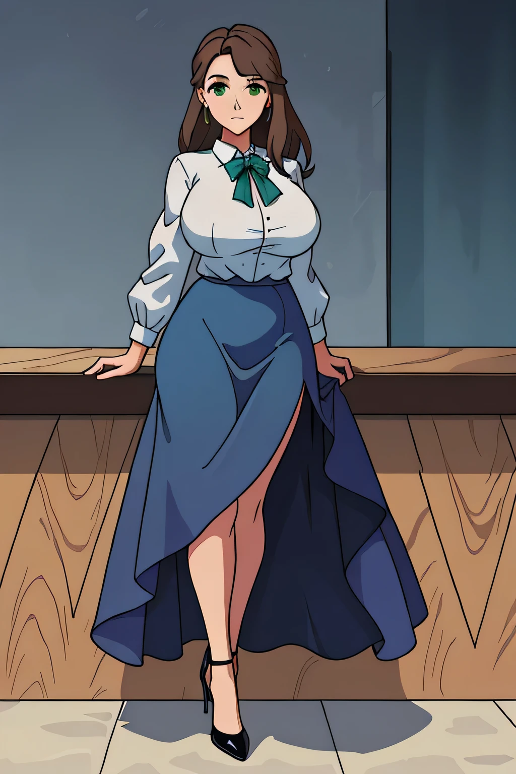 A tall beautiful woman with big breasts, brown hair, tight green eyes, wears a blue Spanish shirt and a long blue skirt with black heels.