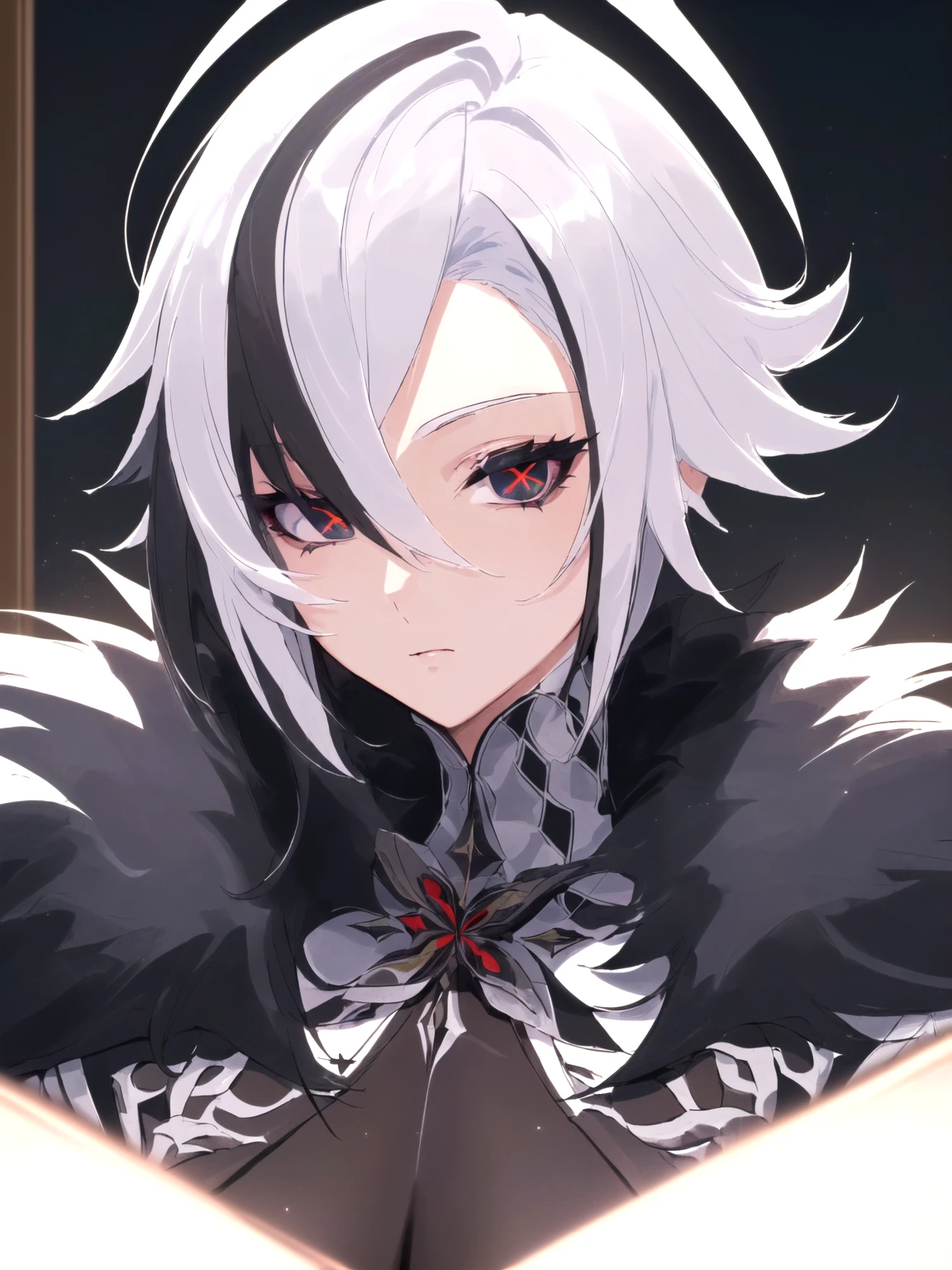 ((best quality)), ((masterpiece)), (detailed), perfect face, perfect hand, arlecchino, hair between eyes, black hair, white hair, short hair, coat, fur trim, fur-trimmed coat, (x-shaped eyes, symbol shaped eyes, cross eyes), in classroom, close up, pleasure expression