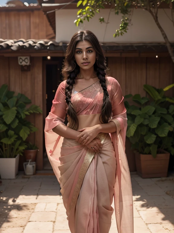 Best quality, masterpiece, excellent, portrait, 1 black woman, wearing half sleeve blouse and pink saree, gorgeous, walking, perfect anatomy, perfect fingers, long braid hair, brown skin, looking outside of a village house, shadows, ultra quality, ultra high detailed, bloom, volumetric fogs, ambient lighting, winter, 8k resolution