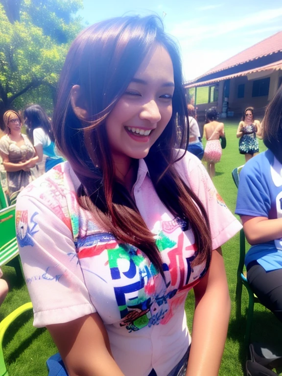 1girl, (uniform_doodle, doodle), outdoors, detailed face, detailed eyes, huge breasts, shiny skin, looking at the audience, (laughing cute: 1.2), (happy), (8k, RAW photo, best quality, masterpiece: 1.2), (realistic, realistic: 1.37), ultra-high resolution