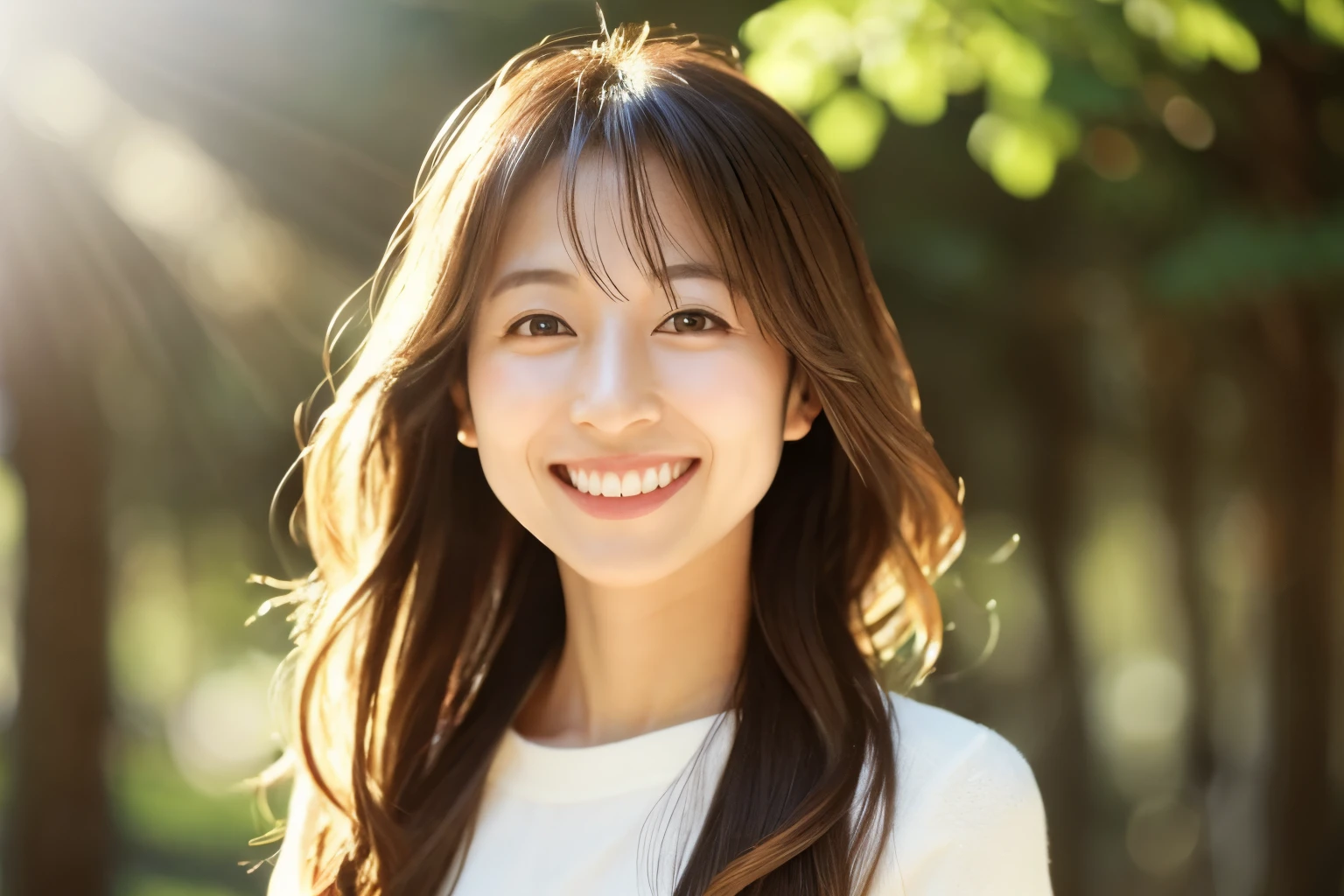 Slender Japanese women、Long Hair、30Year、Beautiful Skin、smile、wood々The sun's rays are shining、looking at the camera、Refreshing、natural、