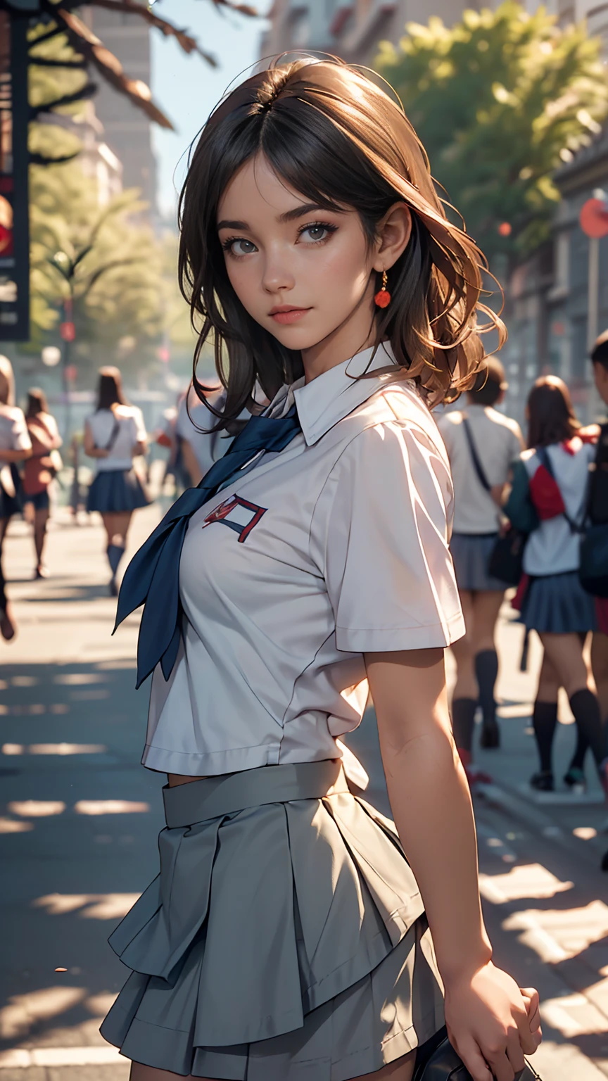 18-year-old female, Long Hair, RAW Photos, Bokeh (realism: 1.4, Realistic), High-definition CG integrated 8K wallpaper, One girl, ((The body is slim: 1)), (Small breastss: 1), Back to viewers, ((Direct view from the front)), (high qualityスキン: 1.4), 8K Ultra HD, Digital SLR, Soft Light, high quality, Film Grain, Fujifilm XT3, ((school uniform, Short skirt,The open skirt is visible through:1.5)), ((Outdoor, at the park))) Janju, Portraiture,((Layered Short Haircut, Black Hire,Small breasts:1.2)),(View your viewers:1.4),(whole body:1.8)