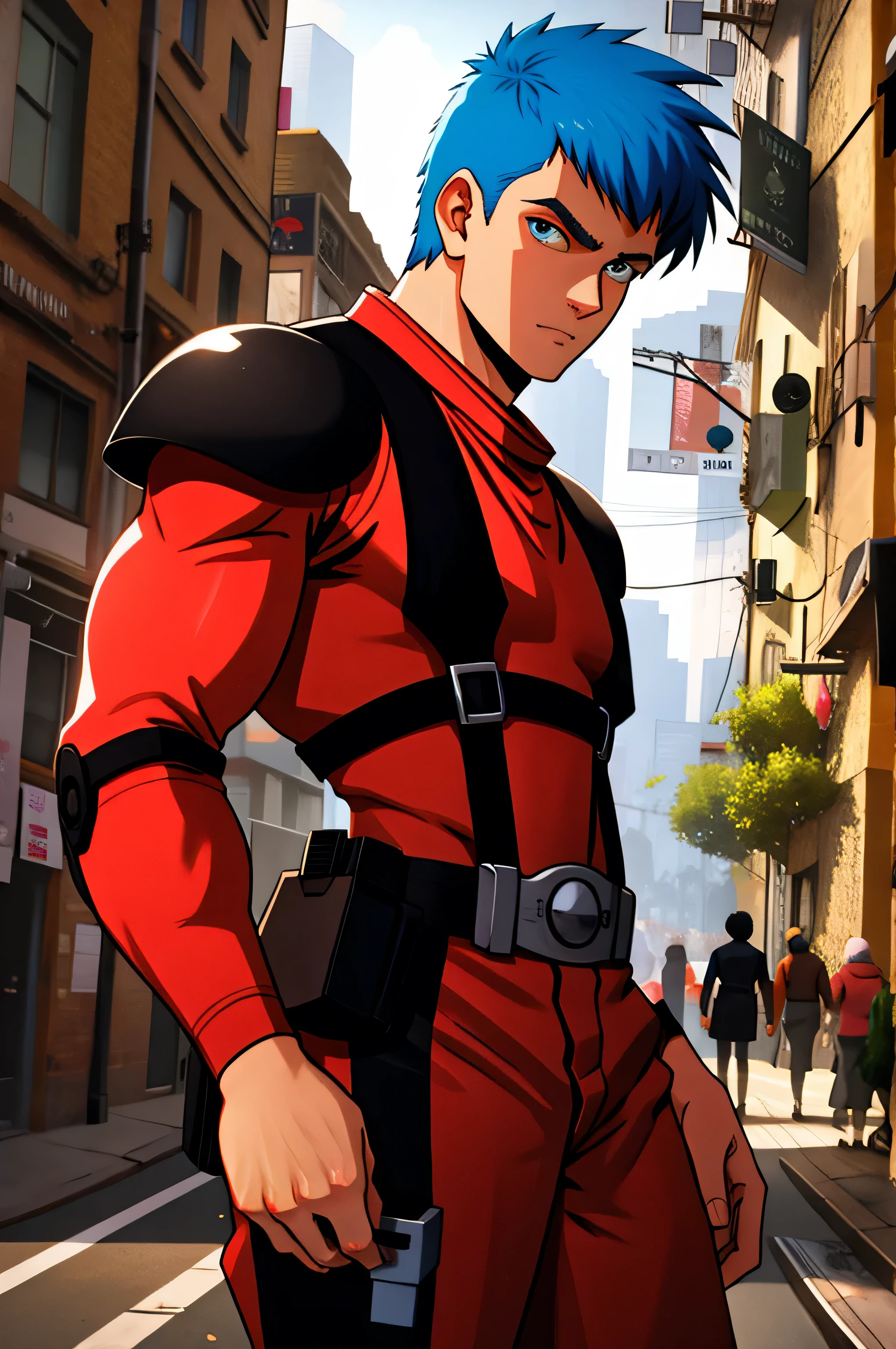 (masterpiece, highest quality, 16ｋAnime image quality, High resolution, Anime Style, Clean brush strokes, Very detailed, Perfect Anatomy), 1 person, alone,((Kiriko_Cuvy)), Detailed face, Blue Hair, Short Hair、Short bangs, Fine grain, Blue-green eyes, Bitter face, Cowboy Shot, Large pectoral muscles:1.6, (Red pressure suit、Kiriko&#39;s),Great abs: 1.6, Tight waist:1.6, Buttocks:1.5, Amazing muscular legs、(Red pressure suitパンツ、Kiriko&#39;s), Old leather shoes、(Are standing、Ready your gun?、Stepping on a rock with one foot),Looking at the audience,background(battlefield、wilderness、Broken armored car、inflammation、cigarette)、alone, 