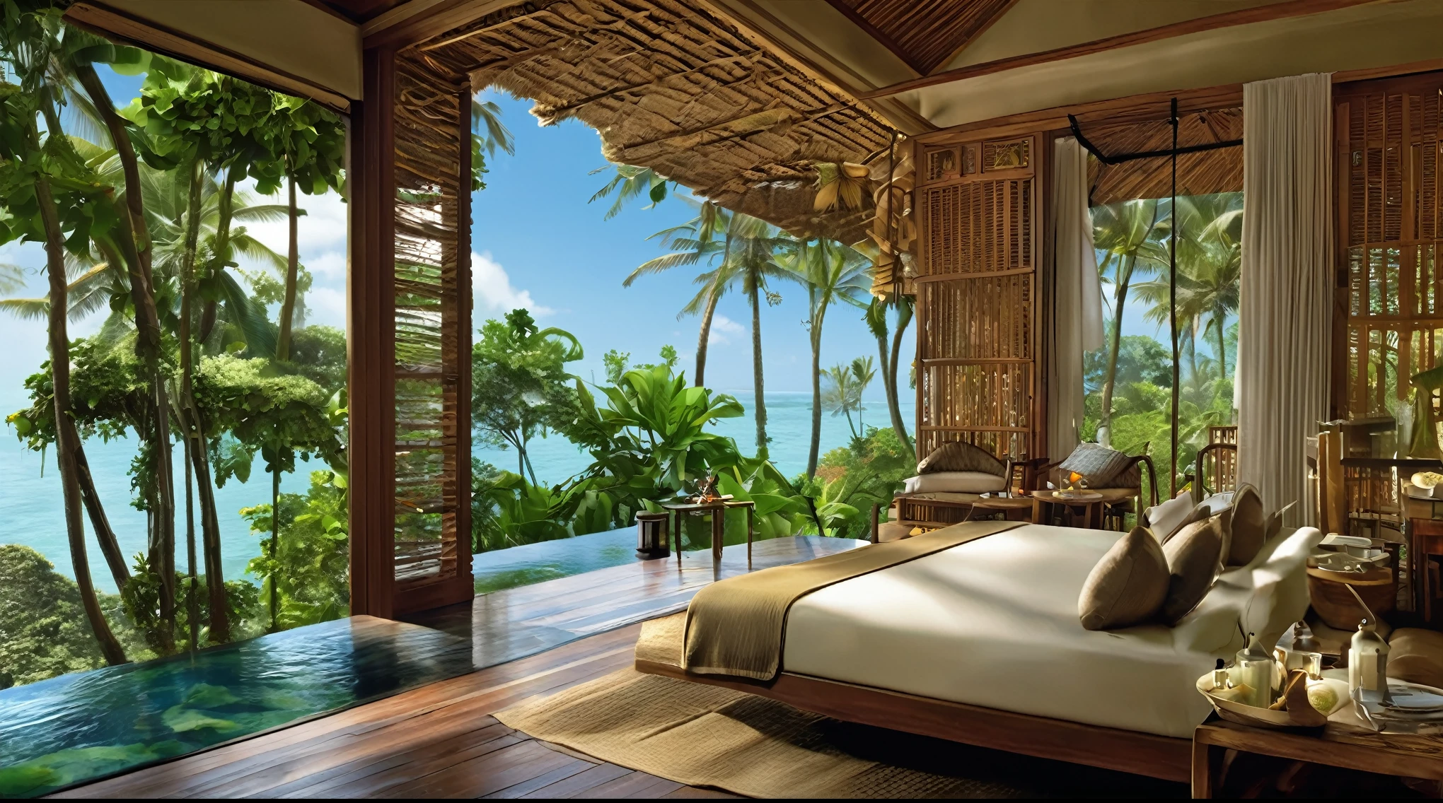 there is a 3 storey holiday resort on a small island in the middle of the ocean, Capella Ubud hotel in Bali, set amidst the rainforest and features tented accommodations and lavish outdoor bathrooms, resort, 3 storey, tropical design, amazing view, by Kurt Roesch, by Ahmed Karahisari, true realistic image, by Robert Koehler, mantra rendering, gulf, aruba, artist's impression, atlantis city, realistic depiction, a wide full shot, conceptual, screengrab, detailed screenshot,