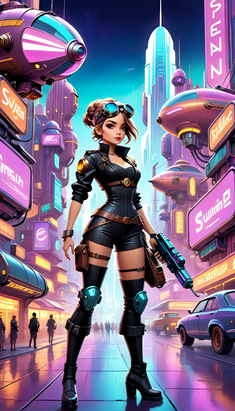 A girl in an atompunk city, wearing a futuristic outfit, with glowing neon lights reflecting on her metallic, high-tech goggles and visor. She is holding a vintage raygun in her hand and standing in front of a retro-futuristic vehicle. The cityscape is filled with towering skyscrapers adorned with art deco designs, and floating advertisements showcasing advanced technology. The streets are bustling with people wearing steampunk-inspired clothing, and there are airships soaring through the sky. The overall scene is bathed in a vibrant color palette, with a mix of cool blues and purples contrasting with the warm hues of the neon lights. The lighting is dramatic and dynamic, casting long shadows and emphasizing the futuristic elements in the scene. The image quality is (best quality, ultra-detailed, realistic:1.37), with sharp focus and vivid colors. The art style is a combination of steampunk and cyberpunk, with intricate details and a sense of technological advancement.