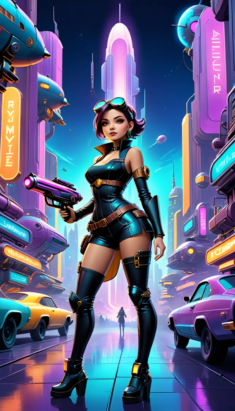 A girl in an atompunk city, wearing a futuristic outfit, with glowing neon lights reflecting on her metallic, high-tech goggles and visor. She is holding a vintage raygun in her hand and standing in front of a retro-futuristic vehicle. The cityscape is filled with towering skyscrapers adorned with art deco designs, and floating advertisements showcasing advanced technology. The streets are bustling with people wearing steampunk-inspired clothing, and there are airships soaring through the sky. The overall scene is bathed in a vibrant color palette, with a mix of cool blues and purples contrasting with the warm hues of the neon lights. The lighting is dramatic and dynamic, casting long shadows and emphasizing the futuristic elements in the scene. The image quality is (best quality, ultra-detailed, realistic:1.37), with sharp focus and vivid colors. The art style is a combination of steampunk and cyberpunk, with intricate details and a sense of technological advancement.