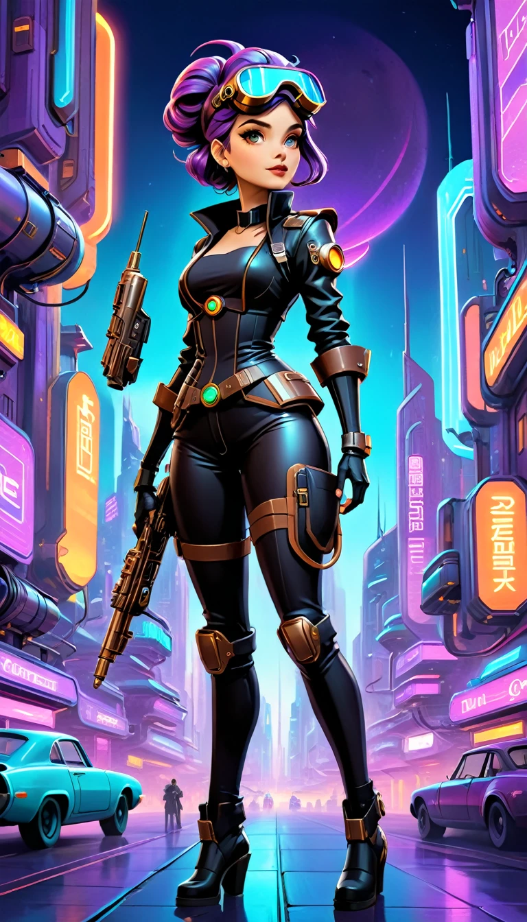 A girl in an atompunk city, wearing a futuristic outfit, with glowing neon lights reflecting on her metallic, high-tech goggles and visor. She is holding a vintage raygun in her hand and standing in front of a retro-futuristic vehicle. The cityscape is filled with towering skyscrapers adorned with art deco designs, and floating advertisements showcasing advanced technology. The streets are bustling with people wearing steampunk-inspired clothing, and there are airships soaring through the sky. The overall scene is bathed in a vibrant color palette, with a mix of cool blues and purples contrasting with the warm hues of the neon lights. The lighting is dramatic and dynamic, casting long shadows and emphasizing the futuristic elements in the scene. The image quality is (best quality, ultra-detailed, realistic:1.37), with sharp focus and vivid colors. The art style is a combination of steampunk and cyberpunk, with intricate details and a sense of technological advancement.