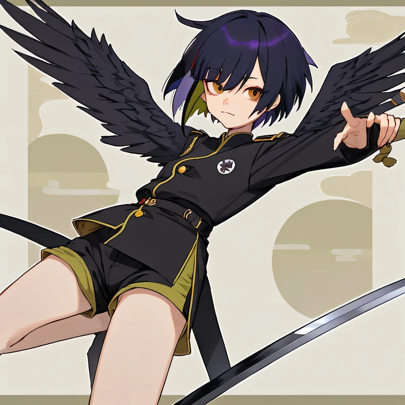 Small ,one person,Unknown gender,Healthy slanted eyes,Cute design,uniform,Shorts,Shortcuts,Raven-colored hair,Horizontal flip,Japanese sword