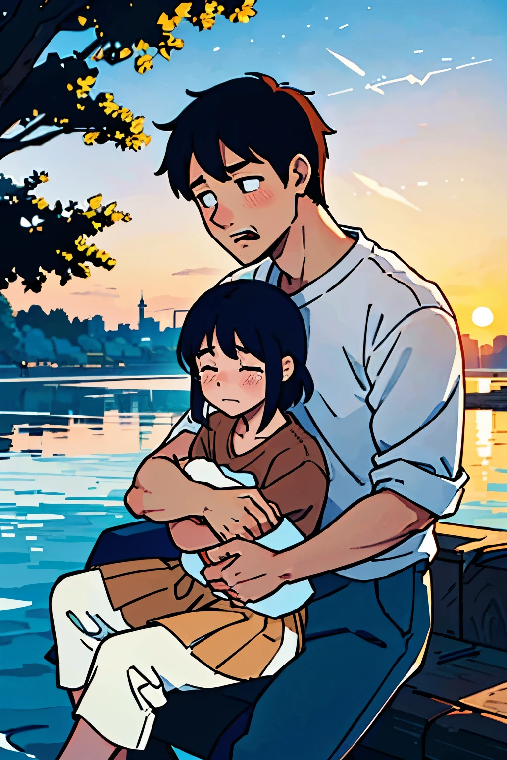 (best-quality:0.8),(best-quality:0.8), (best-quality:0.8), perfect anime illustration, Couple are sitting in the bank of river and admiring sunset, boy is hugging tightly to girl, everything is romantic, is sad and holding her tears, boy try to make her feel calm