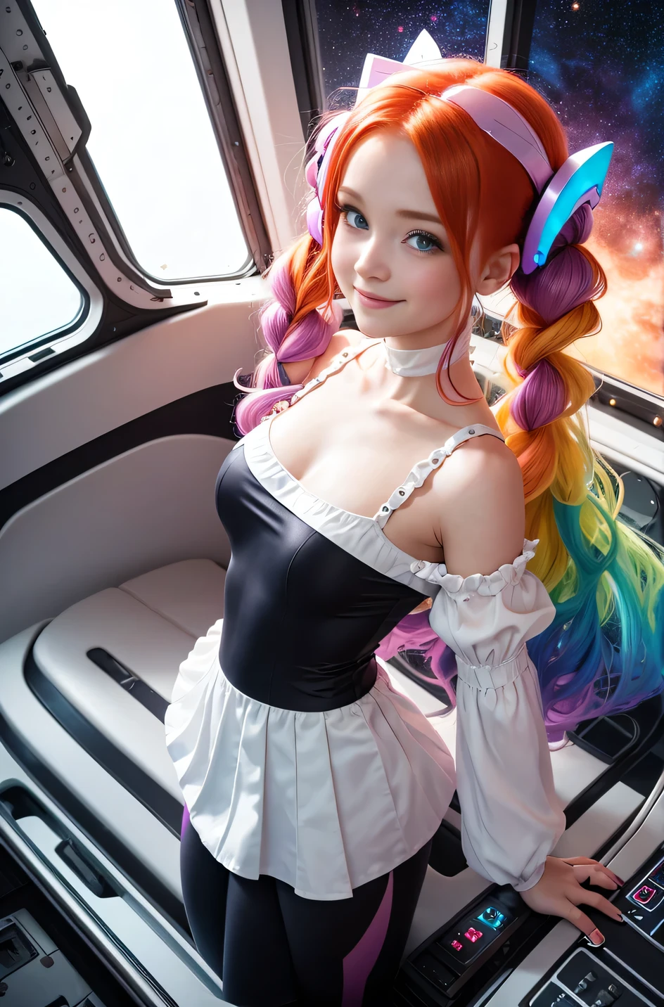 (overhead view) Cute redhead with rainbow colored hair tips, ribbons in her hair, 18-year-old woman, happy, smiling, in twin tails, perfect eyes, clear sparkling blue eyes, pale skin, silky smooth white skin, alabaster skin, flying a fancy metal luxurious space ship, futuristic cockpit, she's a pilot, outer space seen in windows, dark warm lighting, wearing a futuristic dress, low cut top, pleated (chemise) mini dress (pastel rainbow colors, and polka dots), puffy sleeves silk, wearing colorful leggings/tights.