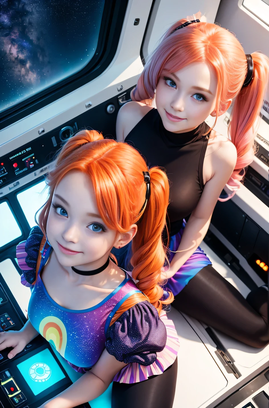 (overhead view) Cute redhead with rainbow colored hair tips, ribbons in her hair, 18-year-old woman, happy, smiling, in twin tails, perfect eyes, clear sparkling blue eyes, pale skin, silky smooth white skin, alabaster skin, flying a fancy metal luxurious space ship, futuristic cockpit, she's a pilot, outer space seen in windows, dark warm lighting, wearing a futuristic dress, low cut top, pleated (chemise) mini dress (pastel rainbow colors, and polka dots), puffy sleeves silk, wearing colorful leggings/tights.