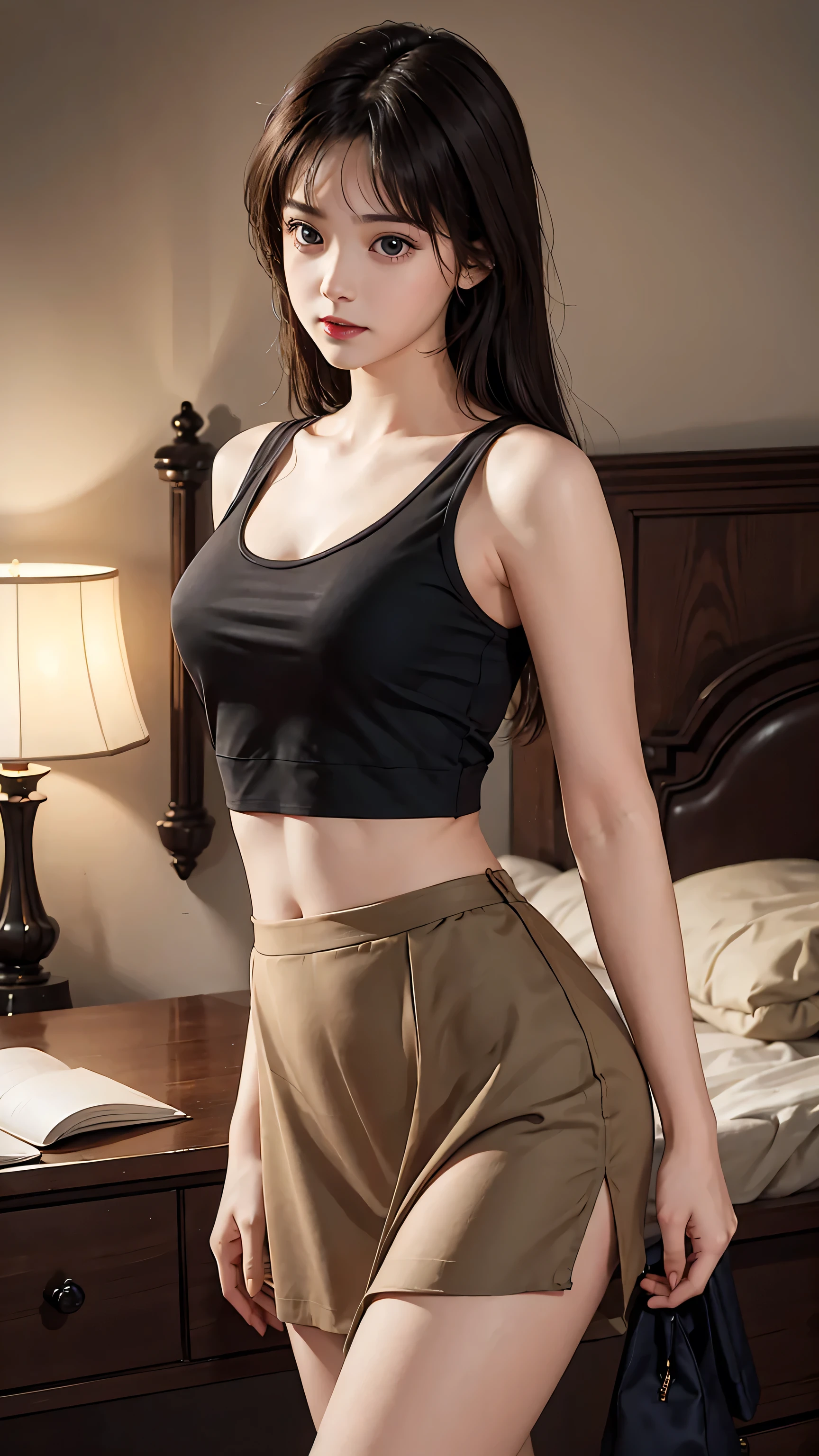 Masterpiece, best quality, super fine, 16k, 17years old, incredibly absurdres, extremely detailed, beautiful woman, amorous and lewd expression, She is wearing a loose-fitting tank top, and mini skirt, superlative body proportion, bedroom,
