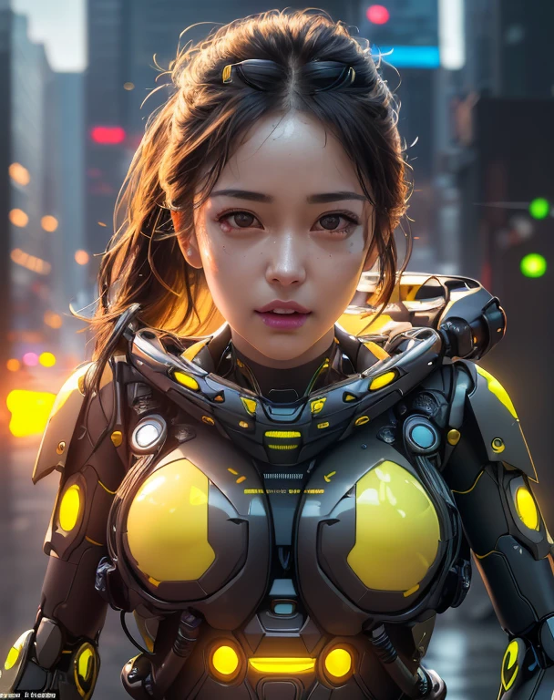 realistic portrait 8k,, Special Forces yellowSquad" cyberpunk bikini robot(detailed face)((Focus on a bright, clear, smooth face.))neon reflection, realistic light hitting from the front,
