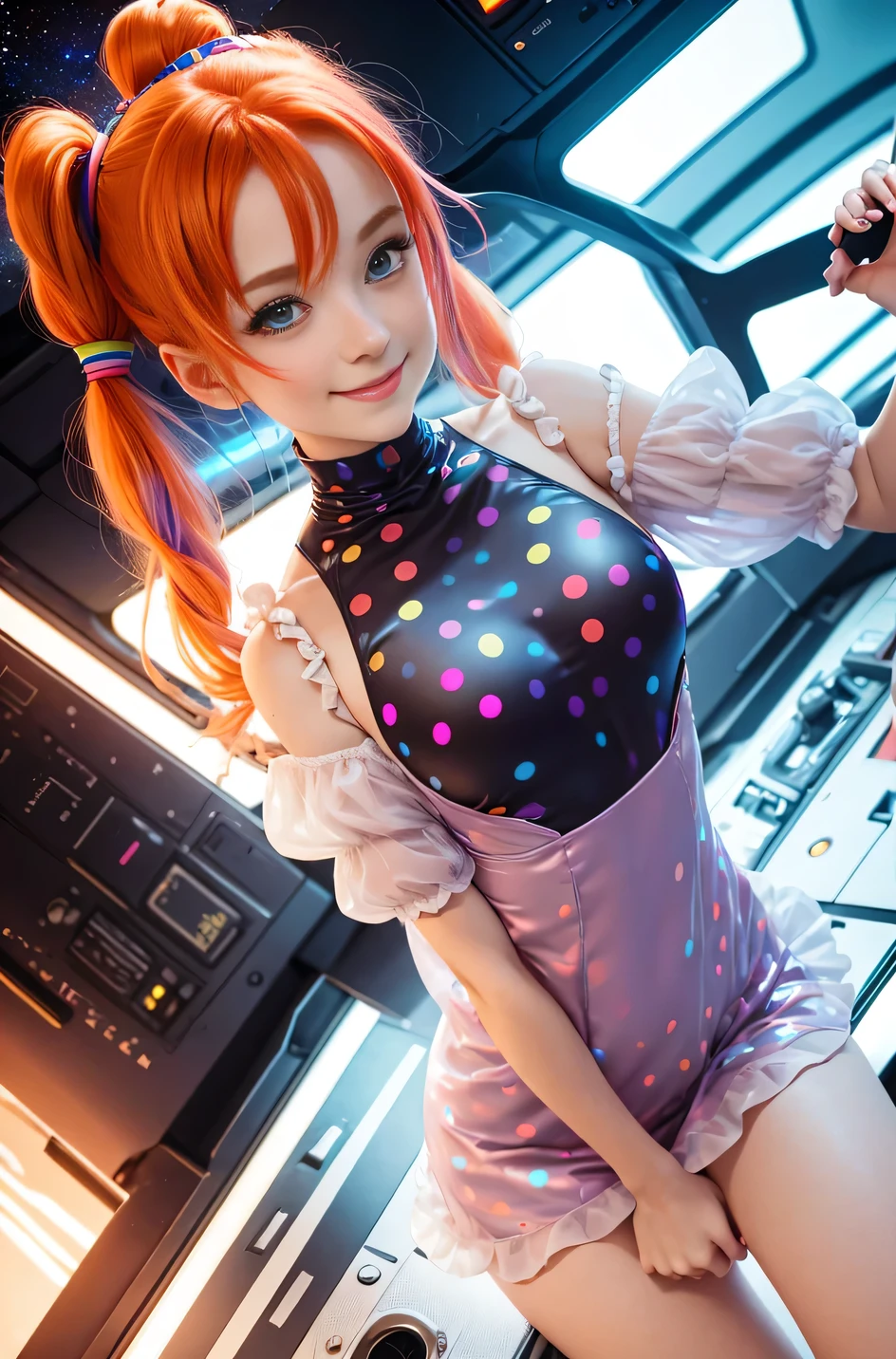 (overhead view) Cute redhead with rainbow colored hair tips, ribbons in her hair, 18-year-old woman, happy, smiling, in twin tails, perfect eyes, clear sparkling blue eyes, pale skin, silky smooth white skin, alabaster skin, flying a fancy metal luxurious space ship, futuristic cockpit, she's a pilot, outer space seen in windows, dark warm lighting, wearing a futuristic dress, low cut top, pleated (chemise) mini dress (pastel rainbow colors, and polka dots), puffy sleeves silk, wearing colorful silk tights.