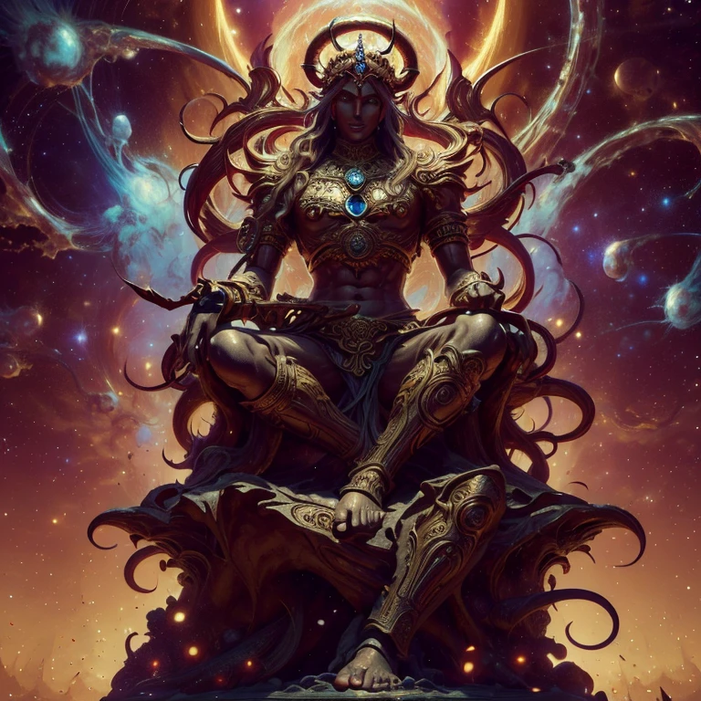 arafed statue of a man sitting in a golden throne surrounded by other people, detailed digital anime art, goddess. extremely high detail, intricate ornate anime cgi style, 8k high quality detailed art, fit male demon with white horns, artstation masterpiece, 2. 5 d cgi anime fantasy artwork, baroque vaporwave statue, high detailed official artwork